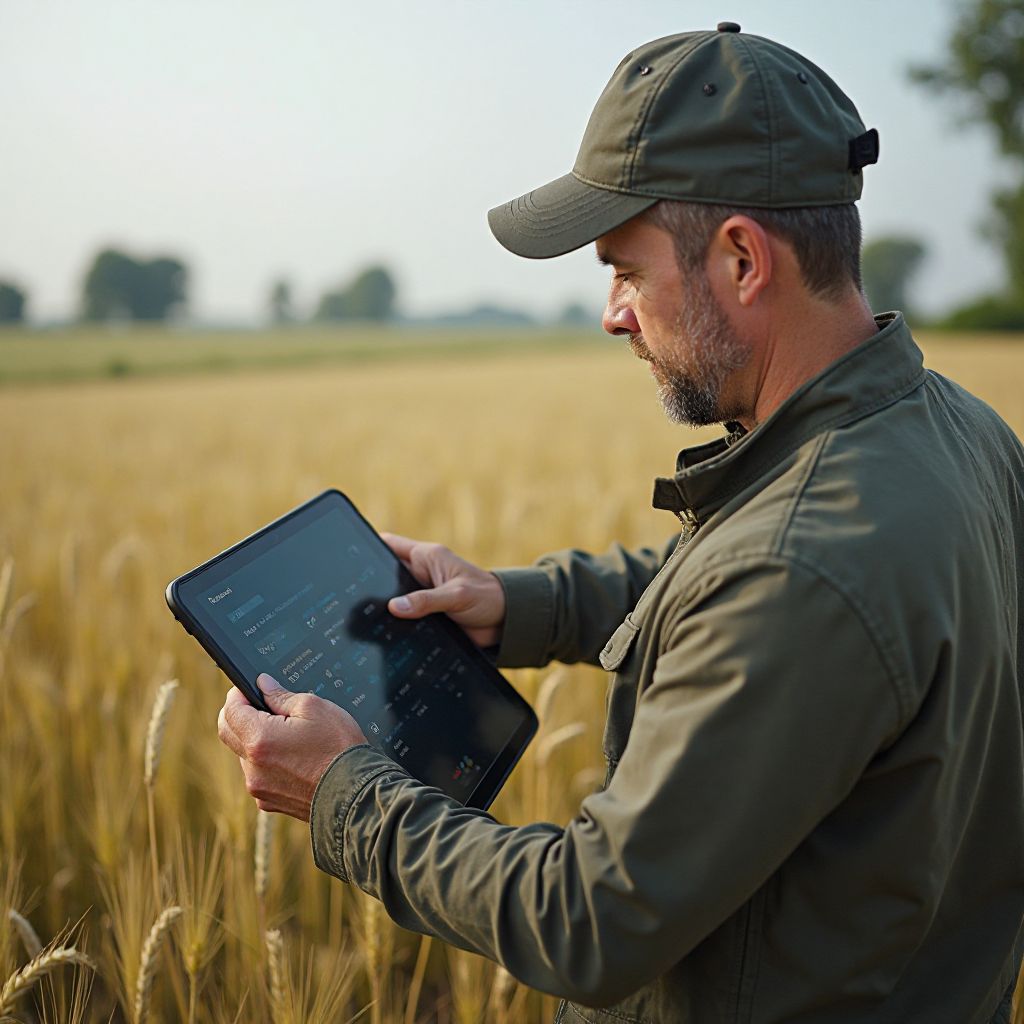 Fermier român utilizând tehnologie AI pentru agricultură