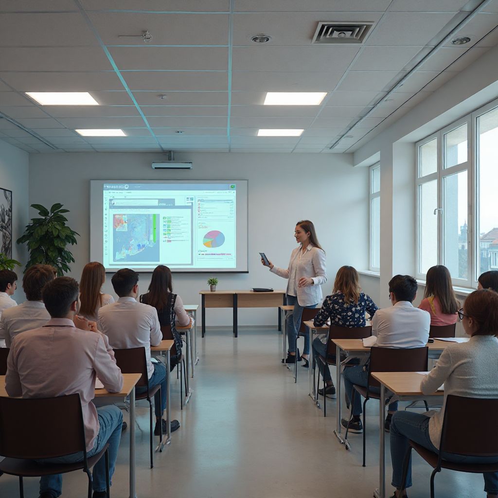 Sală de clasă digitală cu tehnologie AI în România