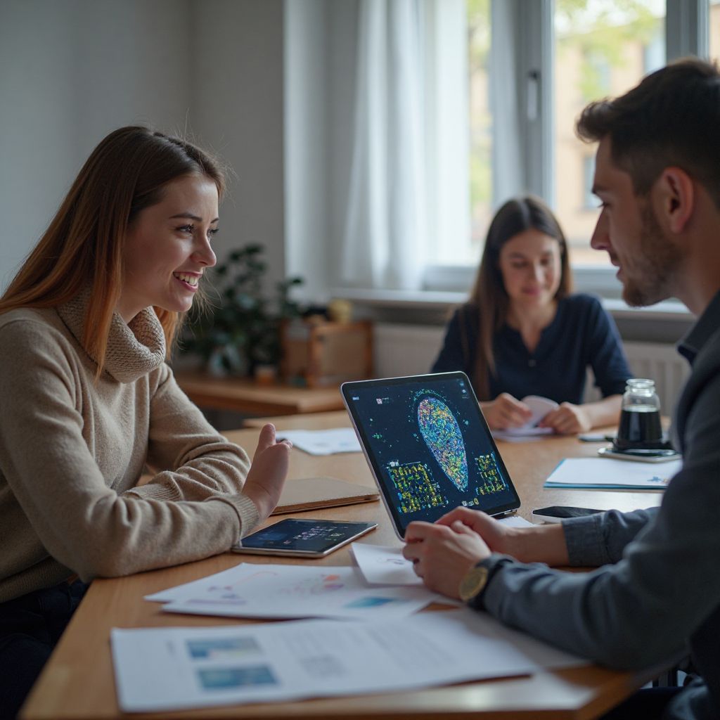 Profesoară și elevi folosind tehnologie AI în clasă